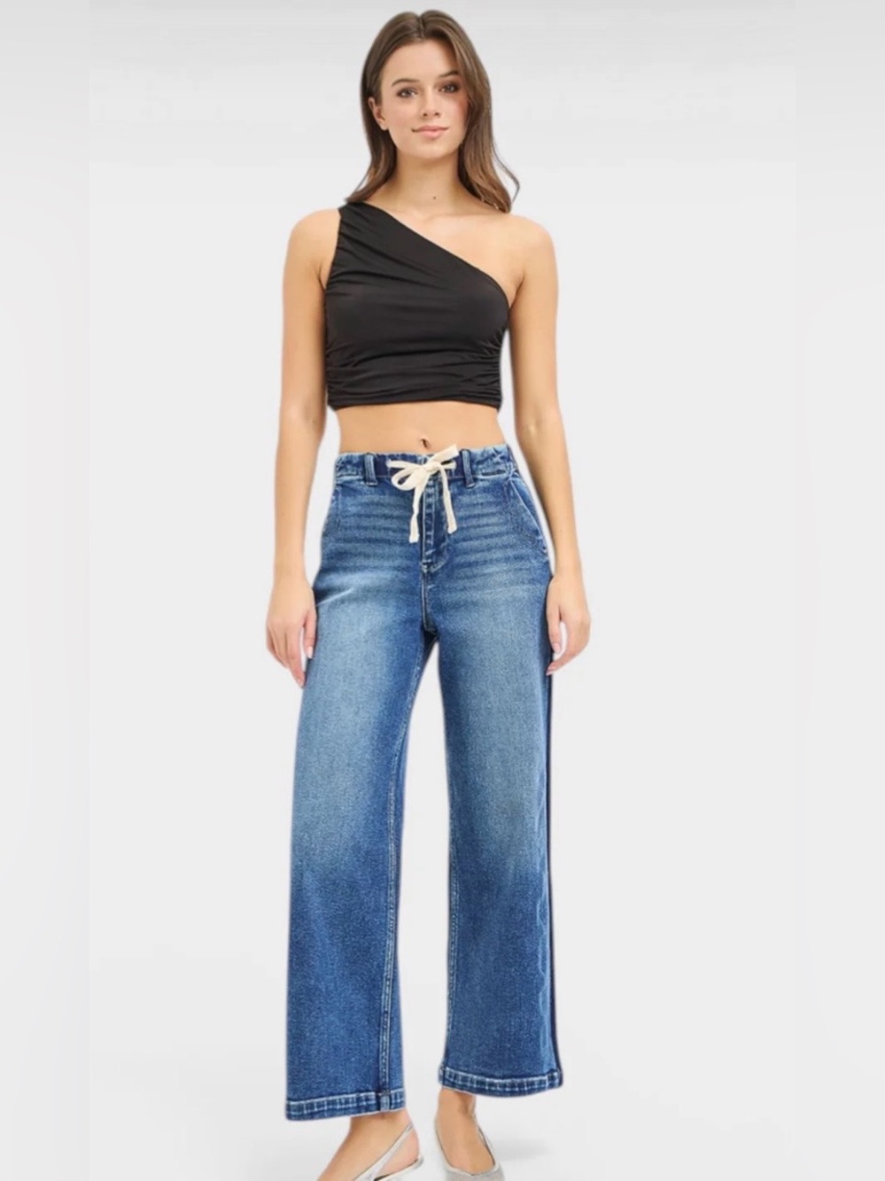 High-Rise Ankle Wide-Leg Jeans with Drawstring Waist